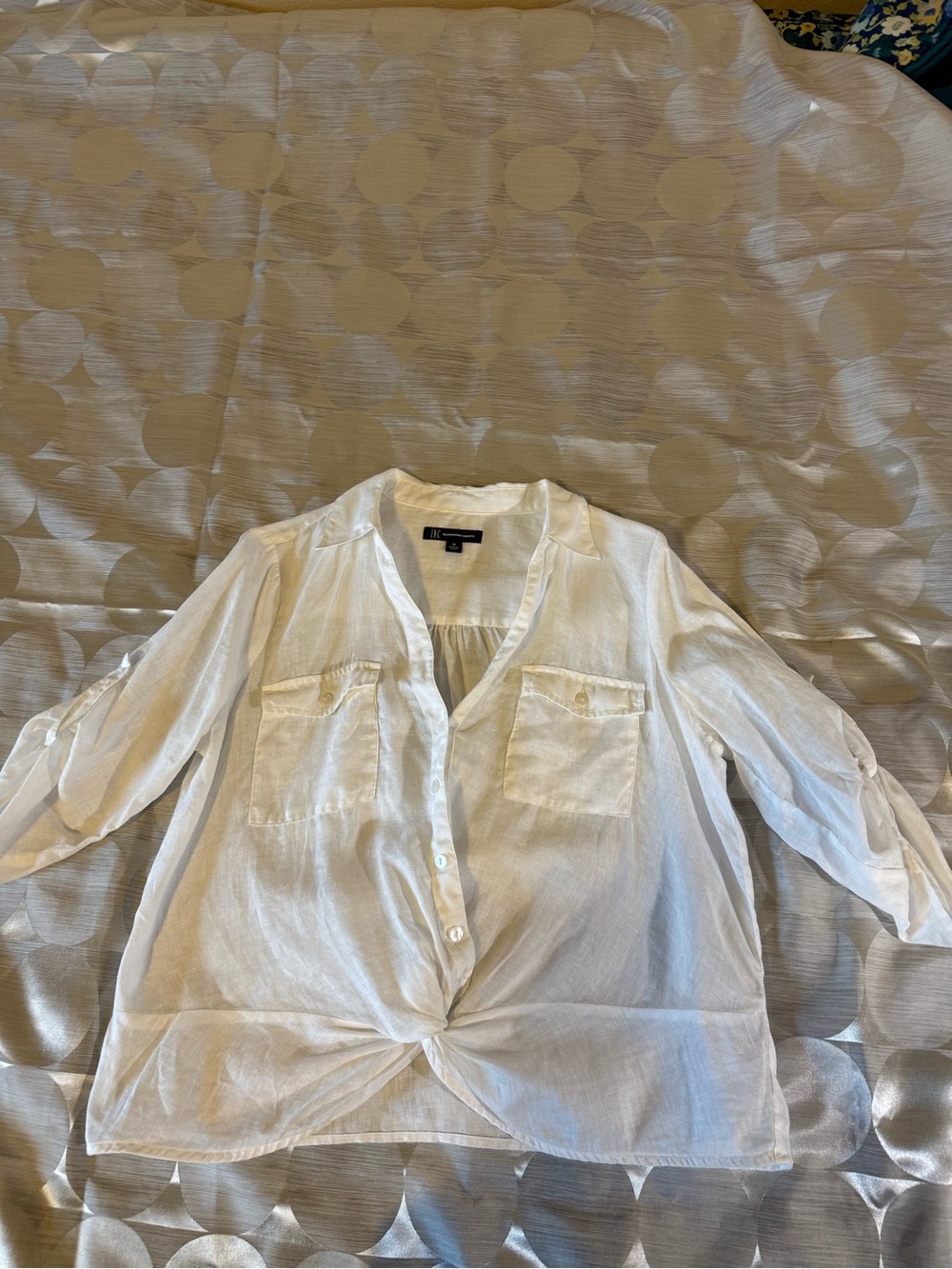 INC International Concepts White Button-Front Tie Hem Blouse 100% linen.
